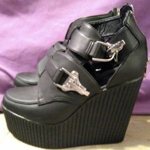 Faux black leather buckled platform boots